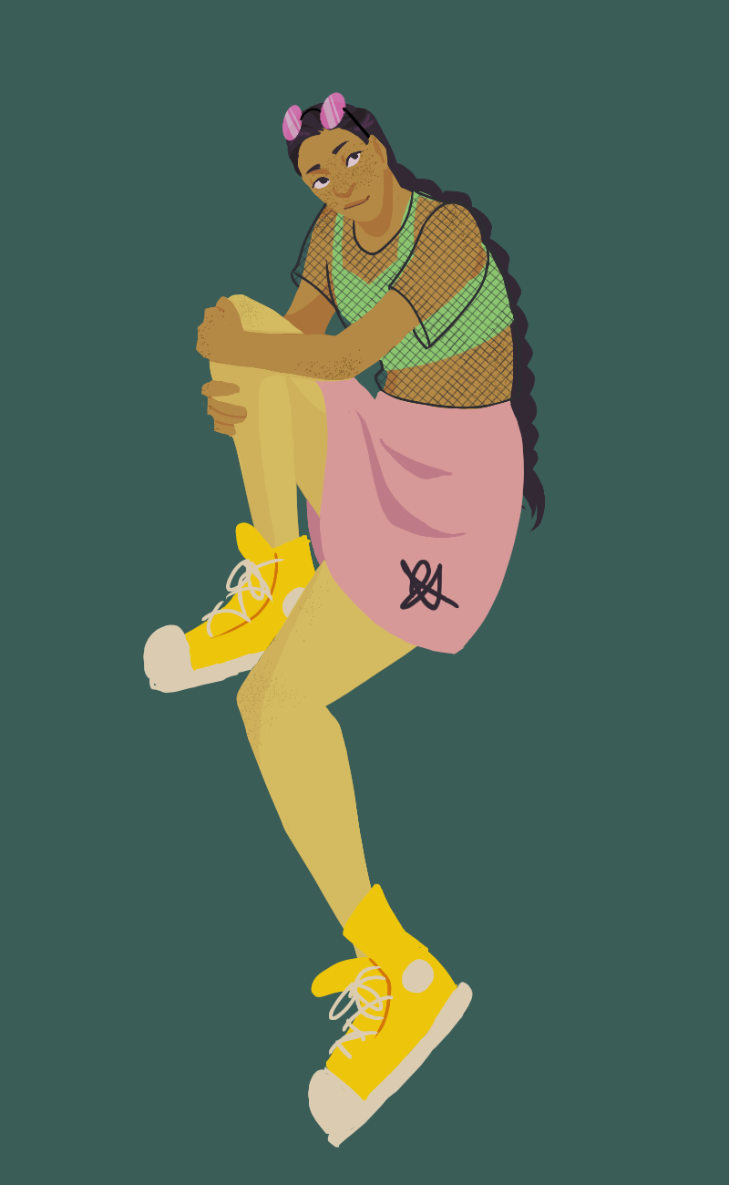 A lineless drawing of Inosilicate, a tall east Asian teen with long black hair worn in a braid. They are wearing a short sleeved mesh shirt over a lime green cropped tank top, a pink skirt over yellow tights, and yellow canvas shoes. They have large round pink glasses on top of their head.