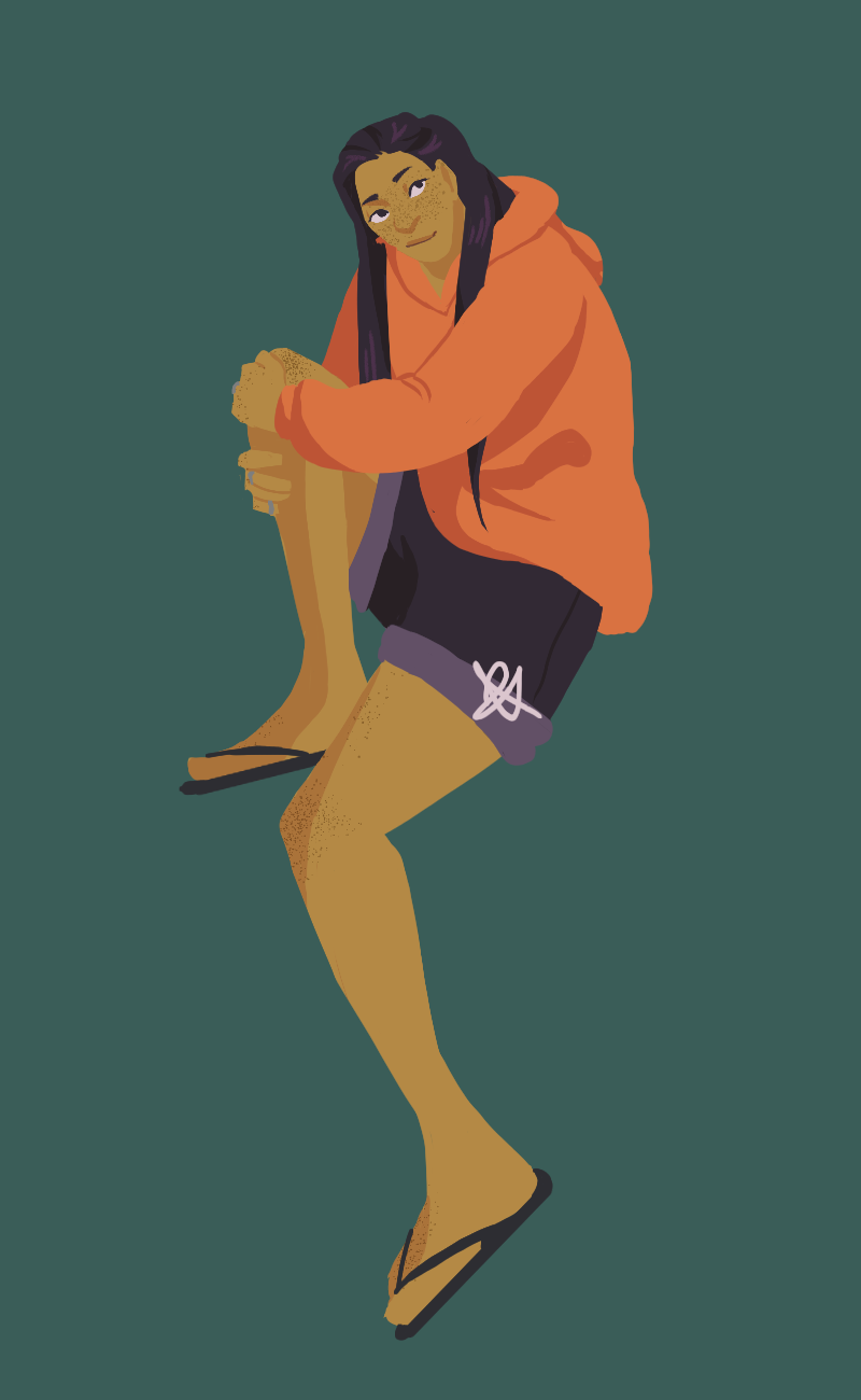 A lineless drawing of Inosilicate, a tall medium toned east Asian teen with long black hair worn loose. They are wearing an oversized orange hoodie, black jean shorts, and flip flops.