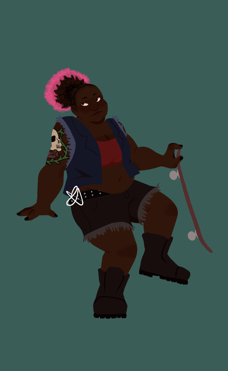 A digital lineless drawing of Anette, a short, fat, Black teen. She has dark brown 4a hair up in a high ponytail, and the ends are dyed pink. She has a tattoo of a skull surrounded with roses and vines on her right upper arm. She is wearing a red cropped tank top, a dark blue denim vest, black denim cutoff shorts, and black combat boots. She is sitting, and holding a skateboard.