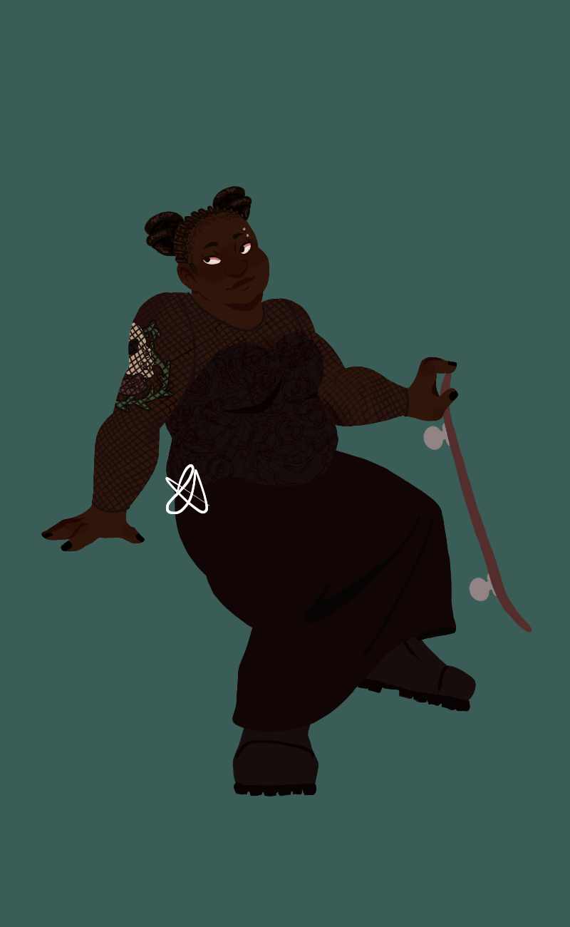 A digital lineless drawing of Anette in the same pose as the first image. Her hair is in cornrows that are then styled into two buns on either side of the top of her head. She is wearing a black top with velvet detailing and a mesh neckline and sleeves, an ankle length black skirt, and black combat boots. She still has her skateboard.