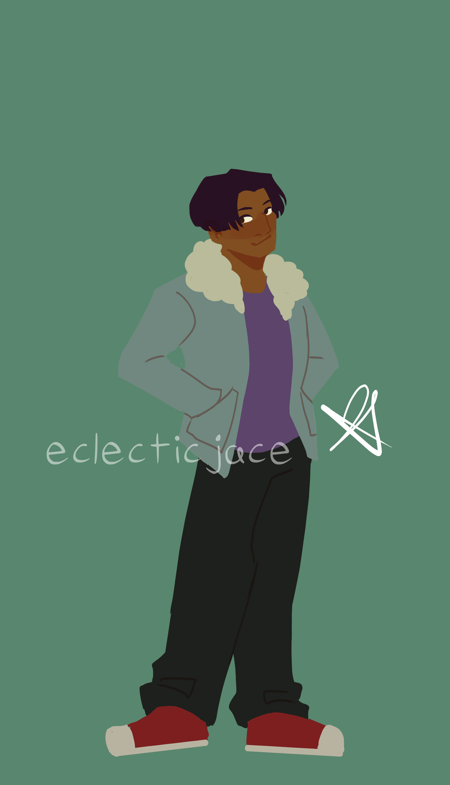 A lineless drawing of Anil, a medium height teen boy with brown skin and black hair. He is wearing a light wash denim jacket with a fuzzy collar, jeans, and sneakers. His hands are in his pockets.