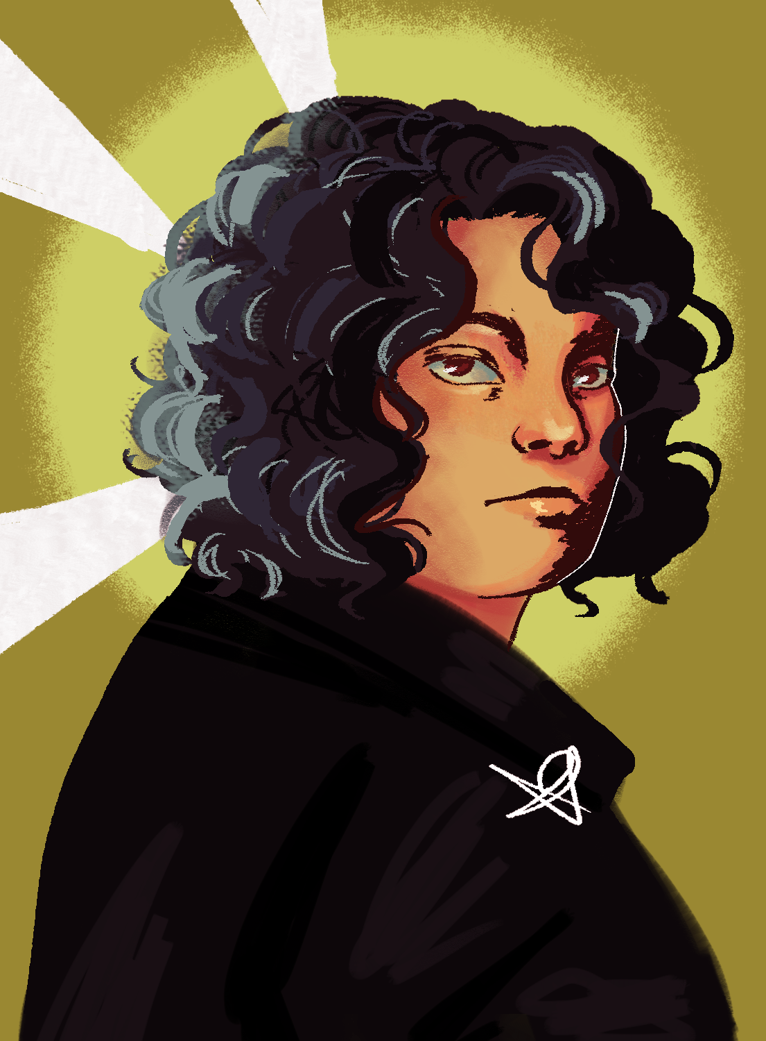 A digital painting of Jace looking over its shoulder at the camera. He has chin length curly black hair and brown eyes.