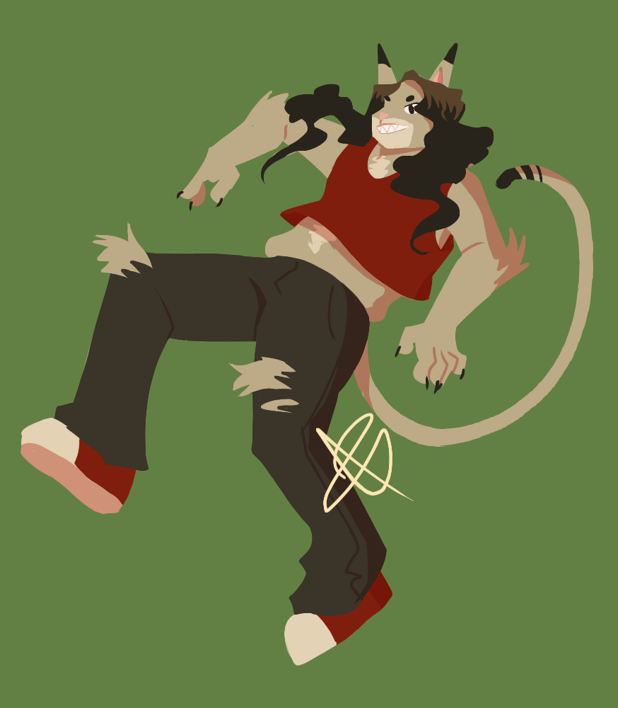 A lineless drawing of Jace’s fursona, a grey anthropomorphic cat with white patches on his face and chest, and black patches on his tail and ears. He has long curly black hair with brown roots. He is wearing a red cropped tank, ripped black jeans, and red Converse.