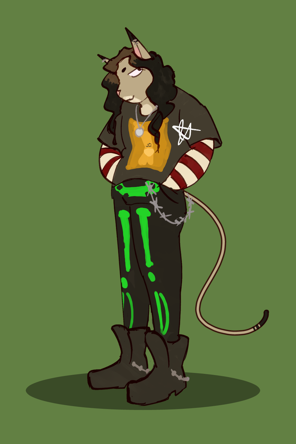 A digital drawing of Jace's fursona, a grey anthropomorphic cat with white patches on his chest and mouth, and black patches on his ears and tail. He is wearing the MCR gay pornstar shirt over a red and white striped longsleeve, and black jeans with green skeleton legs on them. He has a barbed wire pant chain, and a heel chain on each boot. His hair is long and curly, dyed black with the brown roots grown out. His hands are in his pockets.