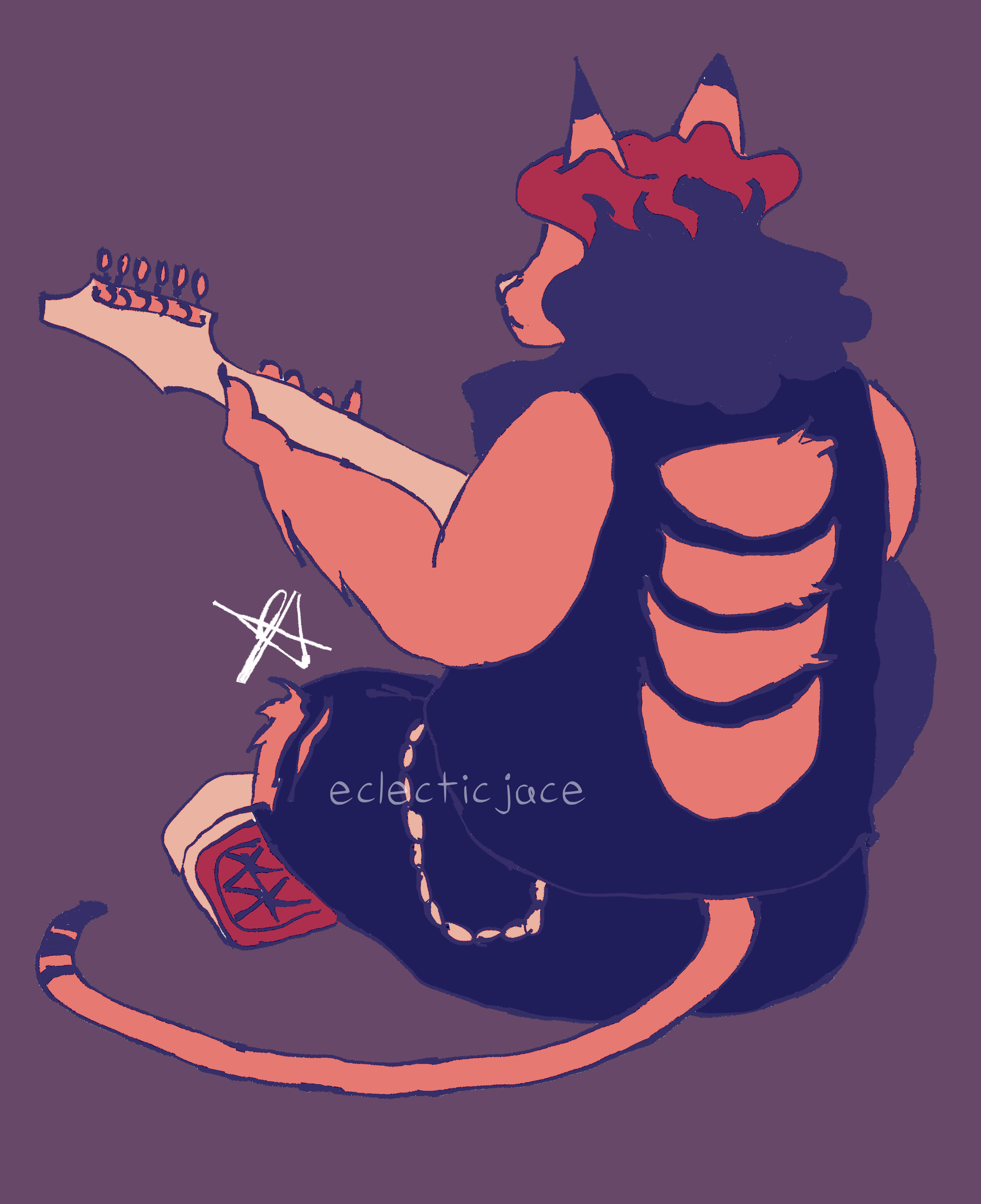 A lined drawing of Jace's fursona, a grey anthropomorphic cat with white patches on his face and chest, and black patches on his tail and ears. He is wearing a cutoff black t shirt with large back cutouts and jeans. He is sitting facing away from the viewer and playing a guitar.