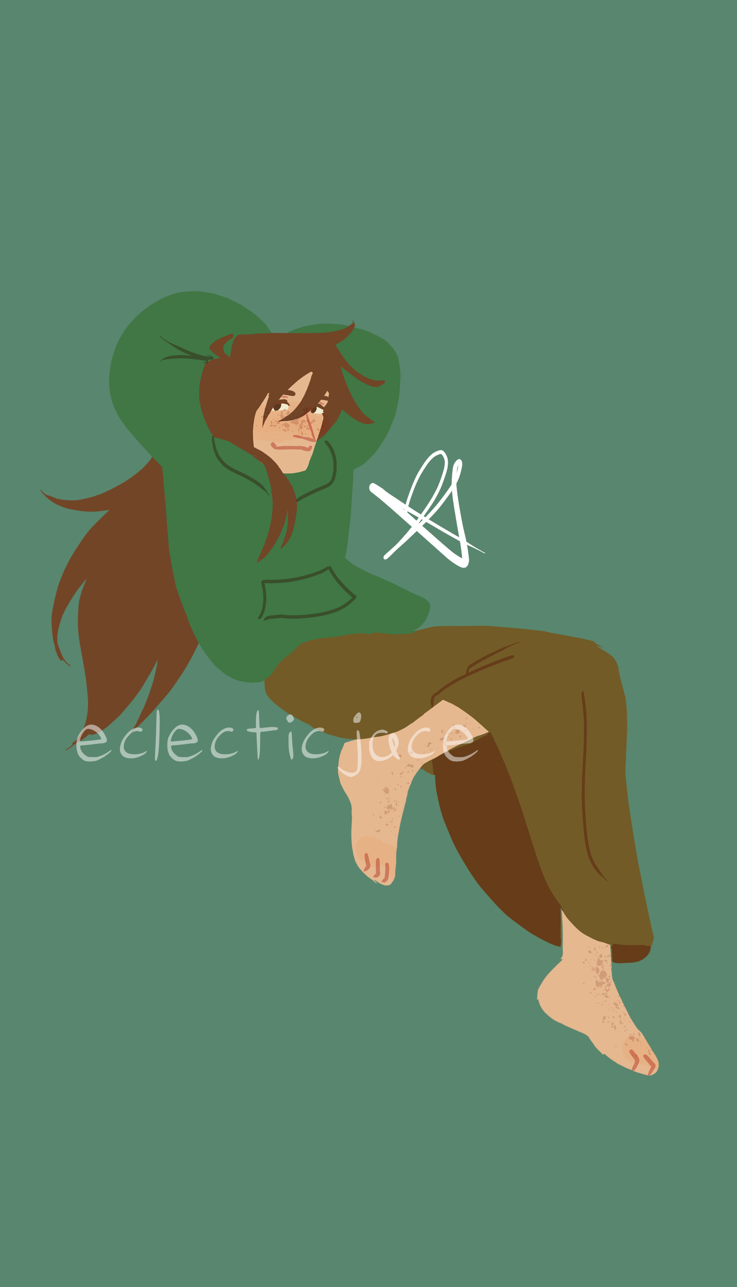 A lineless drawing of Haystack, a light tan teen girl with long wild brown hair. She is wearing a long brown skirt, and big green hoodie. She is floating with her arms behind her head and one leg crossed over the other.
