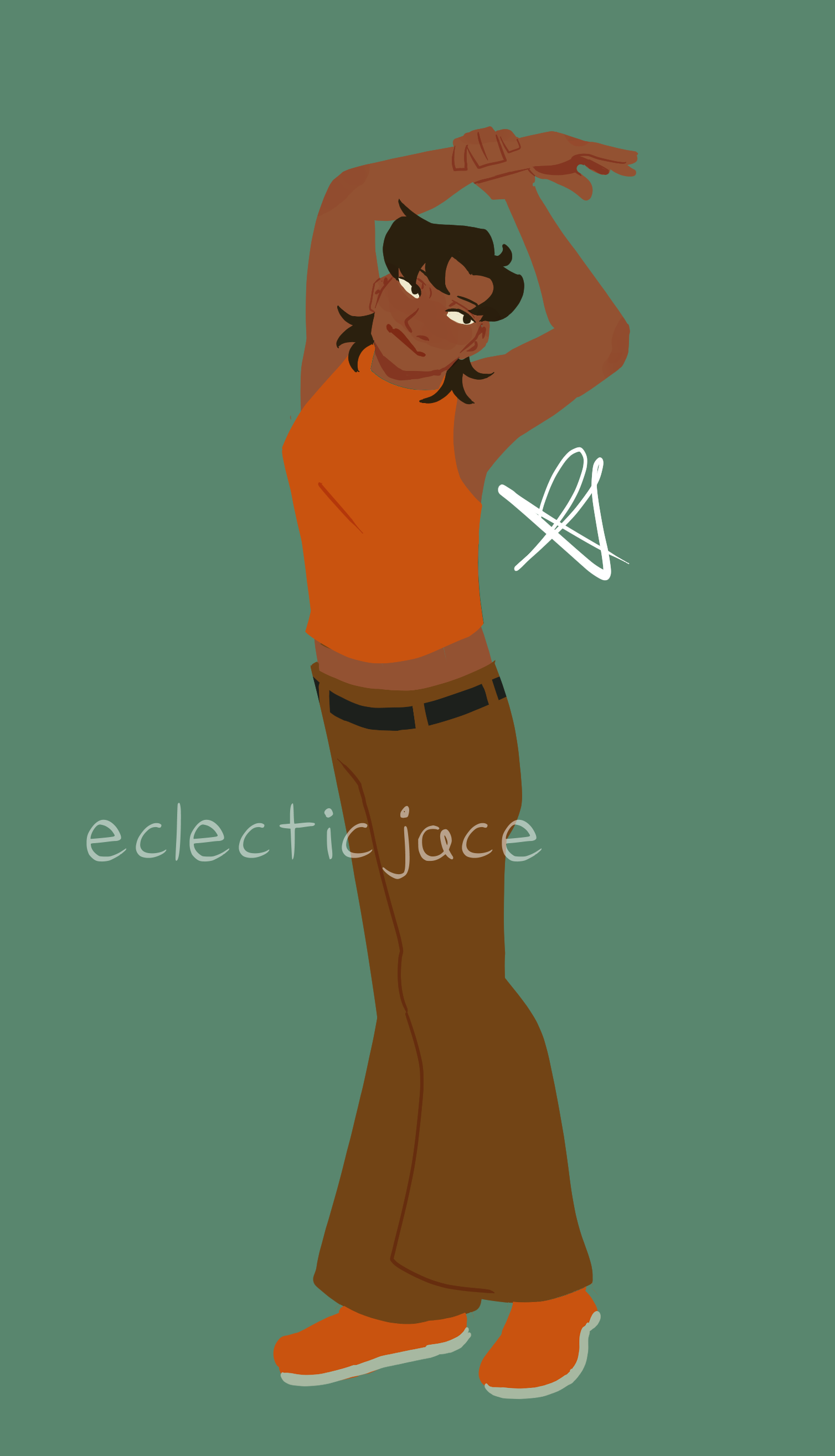 A lineless drawing of Johanna, an athletic girl with brown skin and short dark brown hair. She is wearing brown flared pants and an orange sleeveless top. Her arms are stretched over her head.