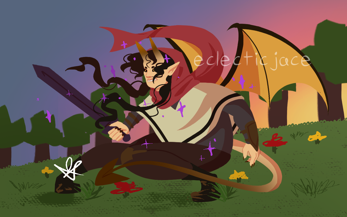 A lineless digital drawing of a pale person with long dark hair and pointed ears, dressed in dark pants and a long sleeved shirt. Over this, it has a wool poncho and is wearing a red scarf wrapped around its head and neck. It has horns, a long tail with a triangular end, and brown and yellow bat wings. It is holding a sword in its right hand, and is squatting in a crouch. There are skid marks in the field it is in, as if it has just slid backward. Trees dot the background, and the sun is setting.