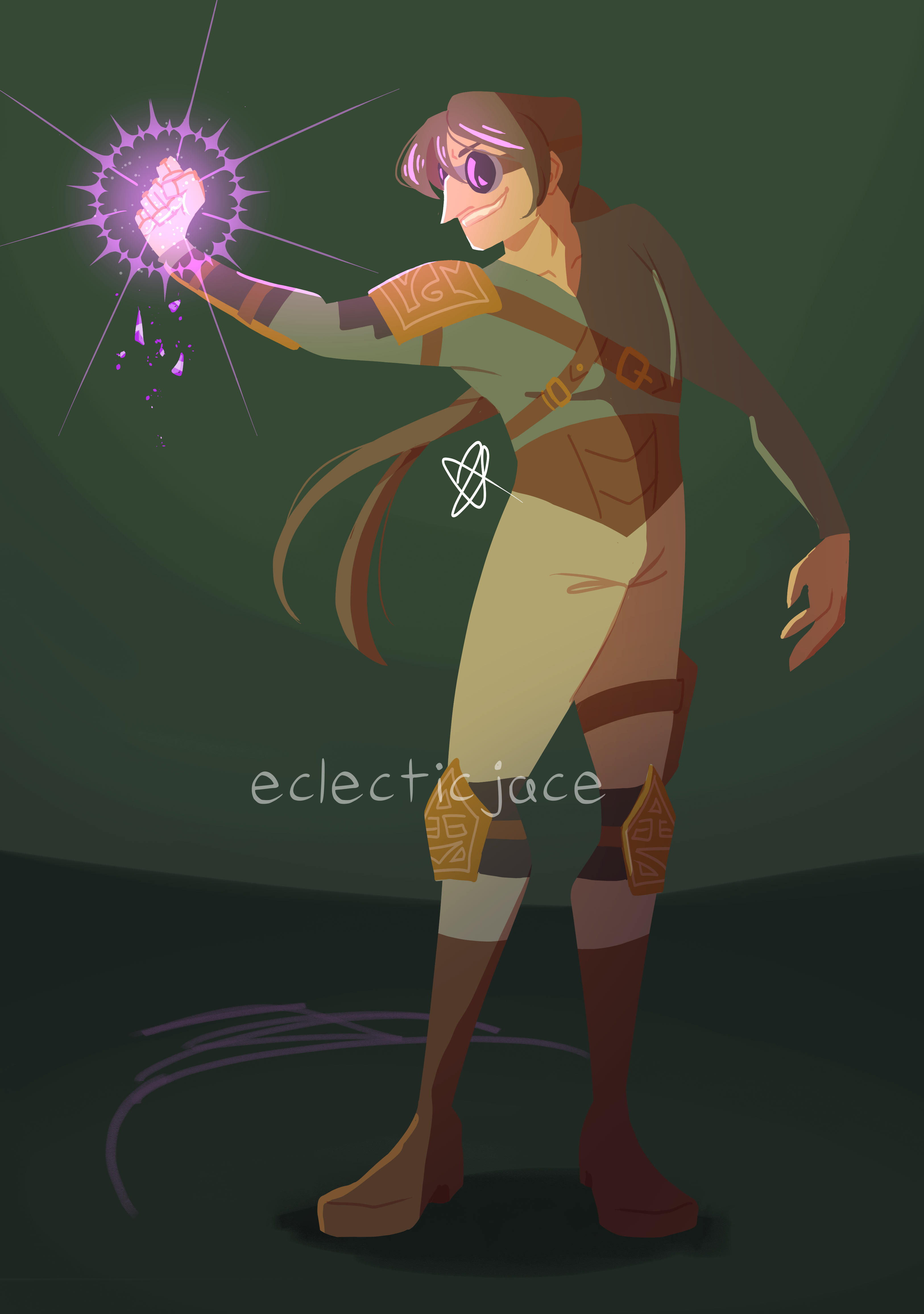 A lineless digital drawing of Epiphany, a tan, skinny man with long brown hair tied back in a ponytail. He is wearing a long sleeved green shirt, light tan trousers, brown boots, and goggles. He also has lightweight armor that functions more as braces and mobility aids, primarily on his right arm and around his middle. He is crushing a glowing purple gem in his right hand.