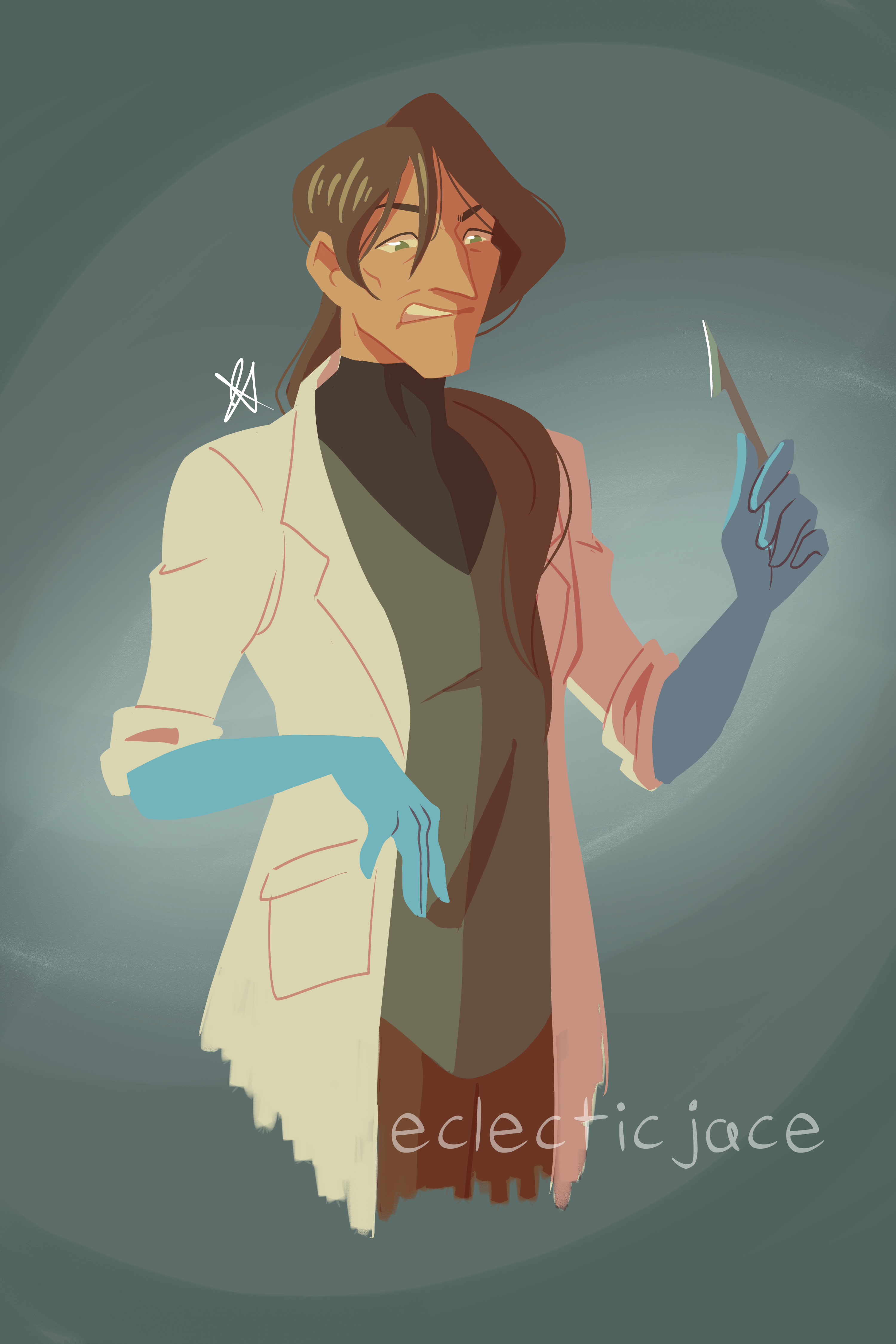 A waist up lineless drawing of Pip (an alternate version of Epiphany), a tan skinny butch with long brown hair tied back in a ponytail. He is wearing a loose green shirt over a black turtleneck and brown pants. He is wearing a lab coat and long blue gloves. He is holding a scalpel and has an expression of disgust on his face.