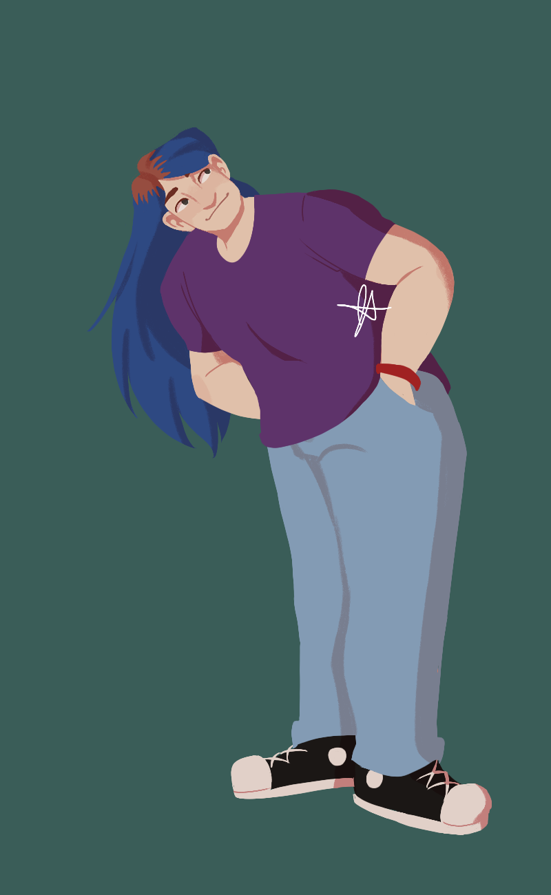 A lineless drawing of Sherman, a tall and stocky pale man with long blue hair, with his natural red roots showing. He is wearing a purple t-shirt, light wash blue jeans, and black canvas shoes. He has a red bracelet around his left wrist, and his hands are in his pockets.