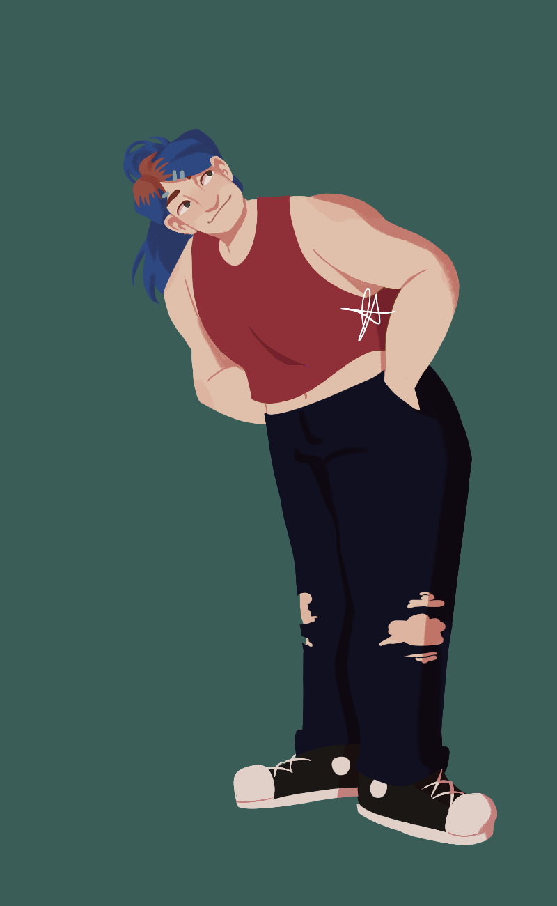 A lineless drawing of Sherman, a tall and stocky pale man with long blue hair, with his natural red roots showing. His hair is in a half up-half down bun style. He is wearing a red cropped tank top, dark blue jeans ripped at the knee, and black canvas shoes. He three hair pins clipped in, and his hands are in his pockets.
