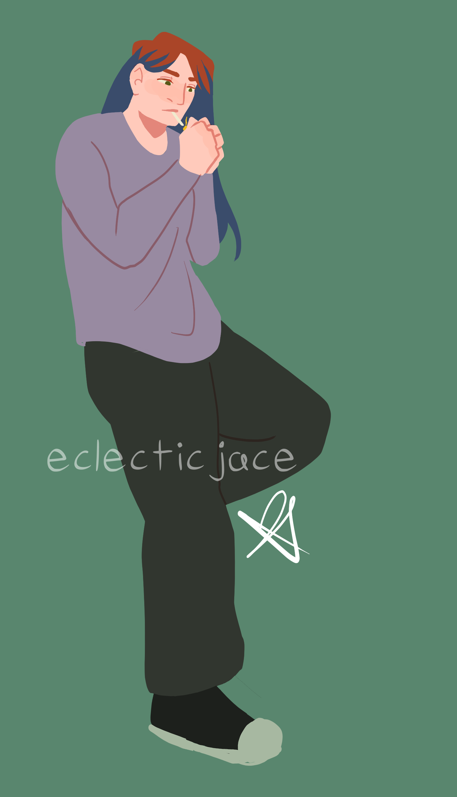 A lineless drawing of Sherman, a tall pale man with long red hair dyed blue. He is wearing a lavender long sleeve shirt and grey pants. He is leaning back as if against a wall, with one leg up. His hands are raised to light the cigarette in his mouth.