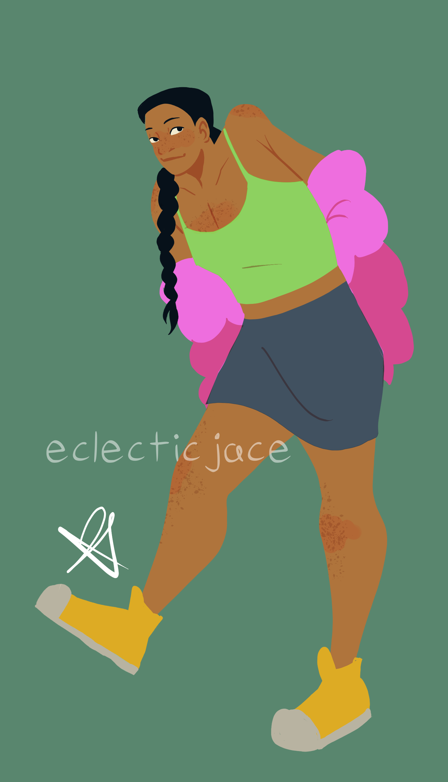 A lineless drawing of Sil, a tall teen with medium toned skin and long black hair done in a braid. They are wearing a cropped green tank top, a blue skirt, and a pink buble jacket with yellow shoes.