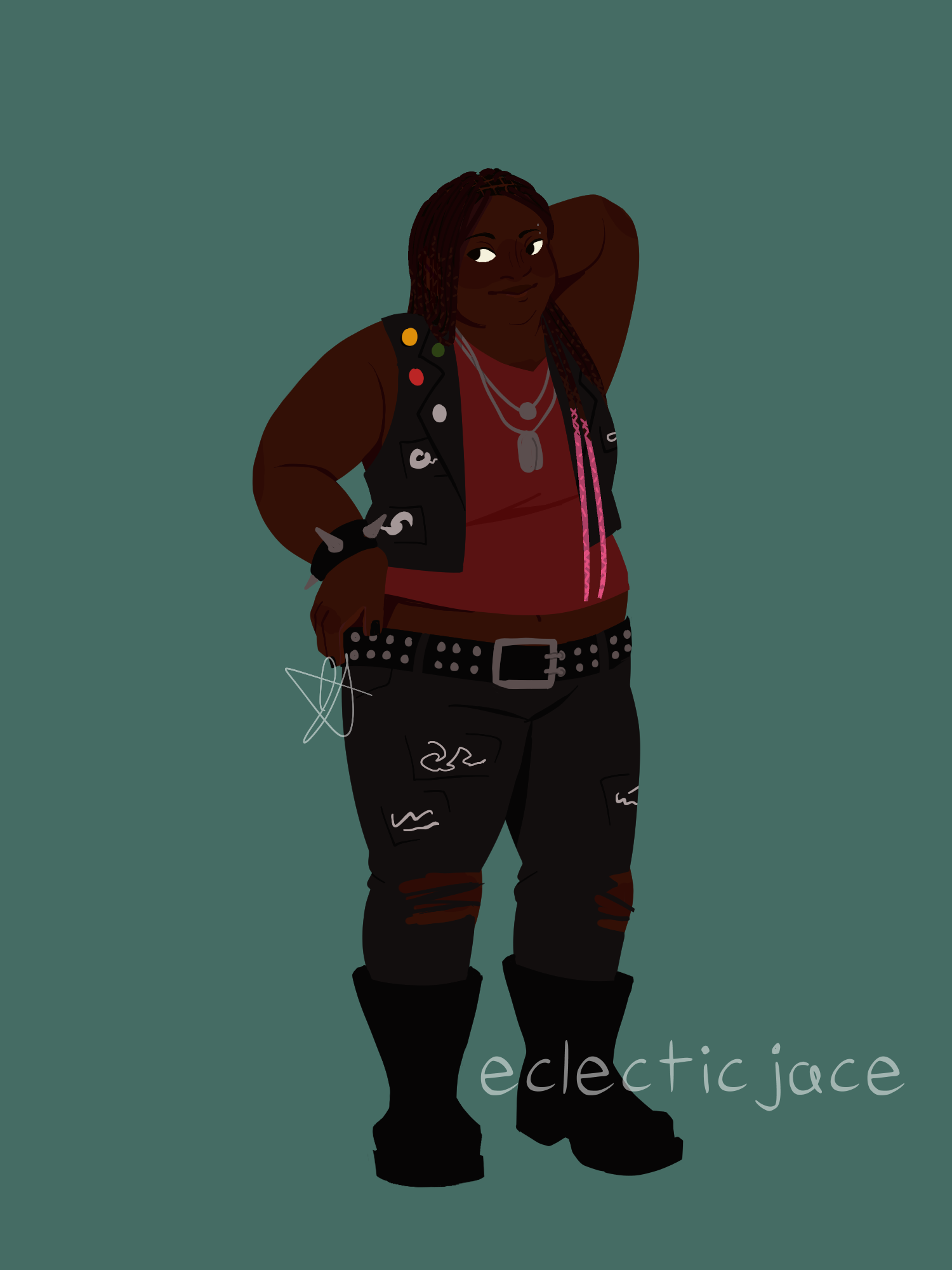 A lineless drawing of Anette, a black teen wearing patch pants and a battle vest over a red tank top. She has dark brown hair in box braids that transition to pink halfway down.