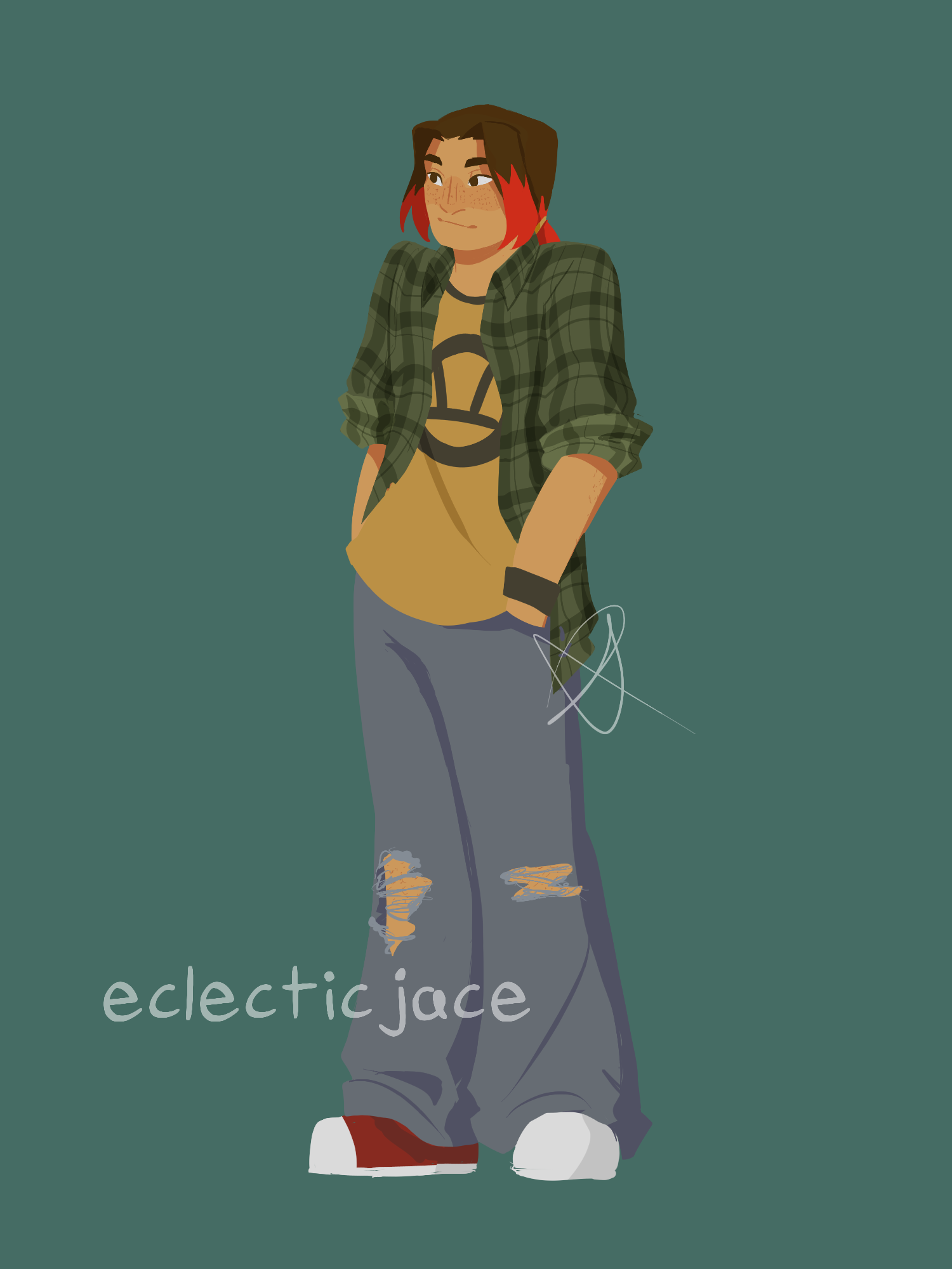 A digital drawing of Dakota, a medium toned latino teen in a tshirt, flannel, and ripped jeans. His hair is a grown out red dye job, and he keeps it in a low ponytail.