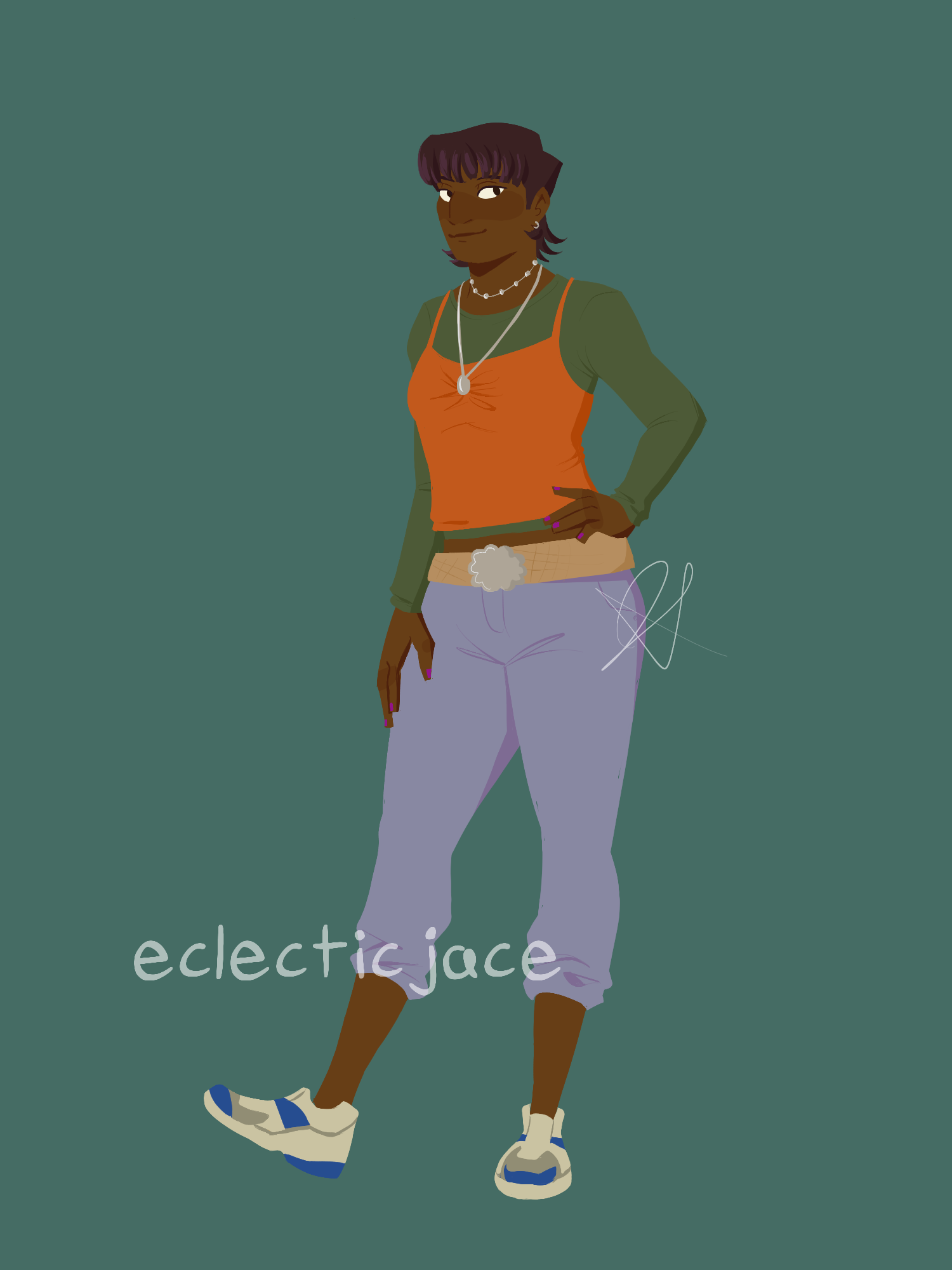 A fullbody drawing of Johanna, a teen desi girl with short dark hair, an orange and green layered top, and capris.