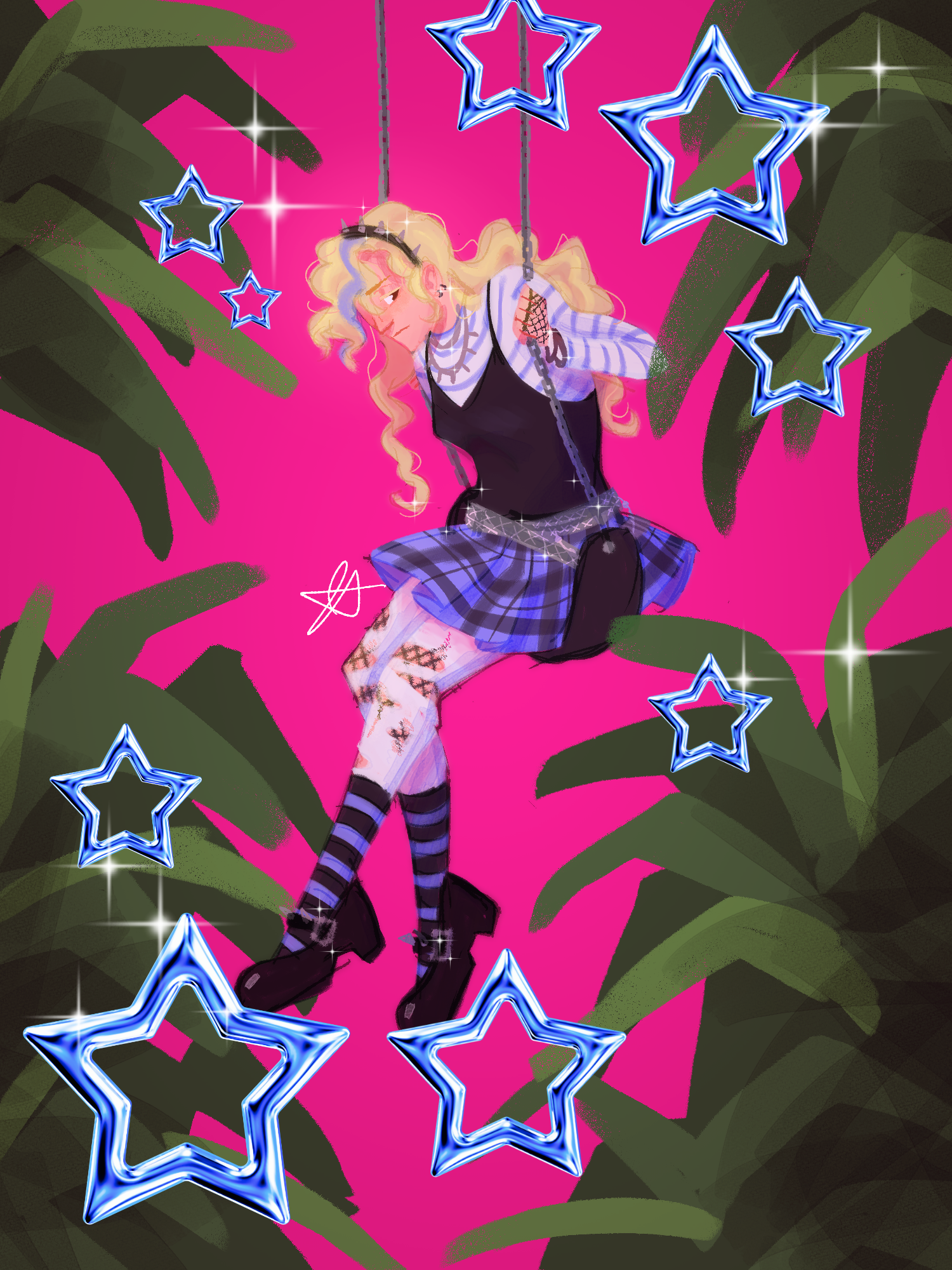 A digital drawing of an emo version of Alice from Alice in Wonderland as a teen. She has a light blue plaid skirt, and a black tank top over a blue and white striped shirt, and white ripped tights. Her hair is long and curly, and has a streak of blue. She is sitting on a swing. The background is bright pink with green ferns.