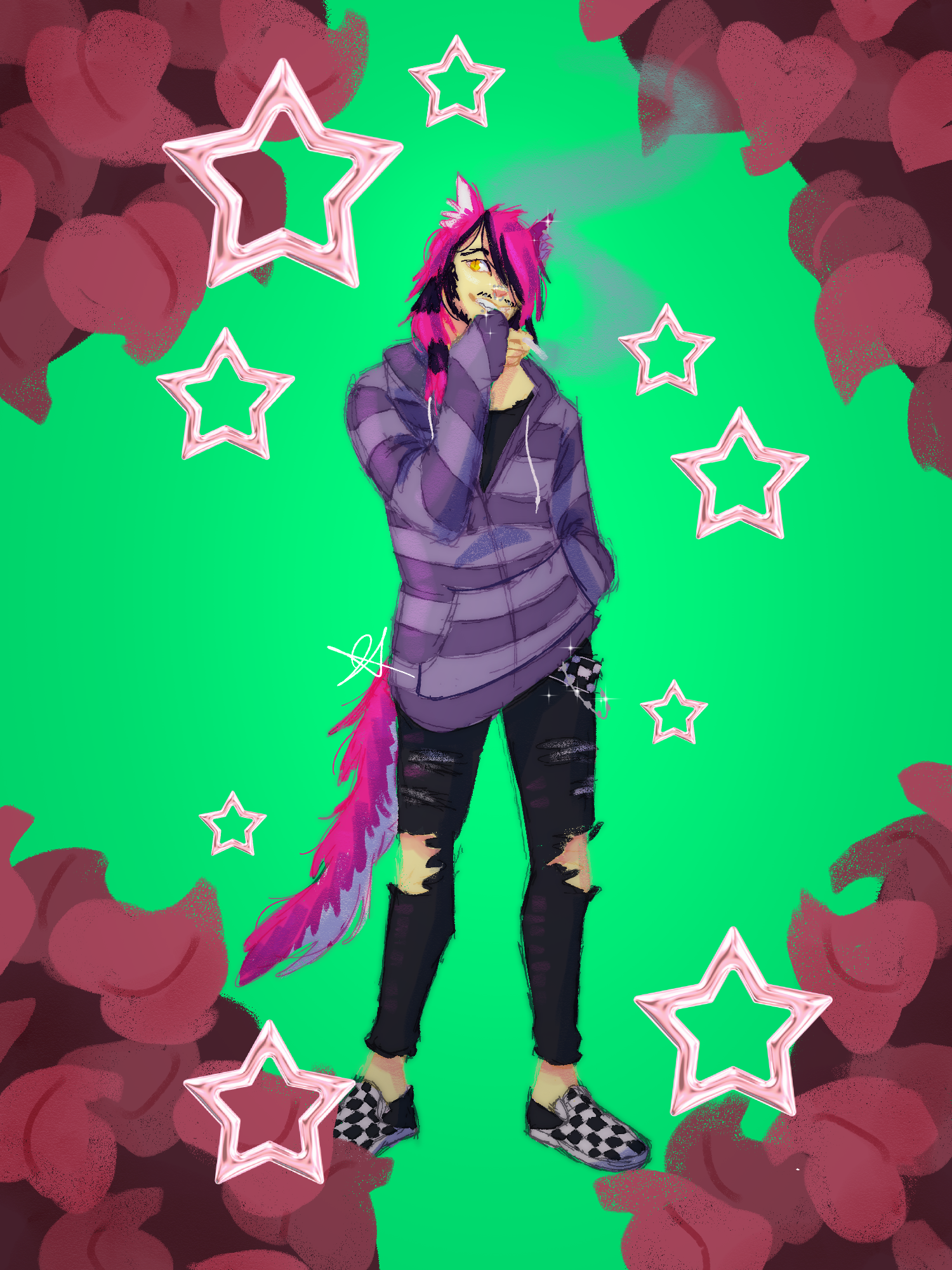 A digital drawing of a scene, humanized version of Cheshire Cat from Alice in Wonderland as a teen. He has a striped purple hoodie over a black tshirt, and ripped skinny jeans with a checkered belt and vans. His hair and ears are bright pink with a black underlayer, and he is wearing a clip on pink and white tail. He is holding a smoking cigarette to his mouth and smiling. The background is neon teal green with maroon bushes.
