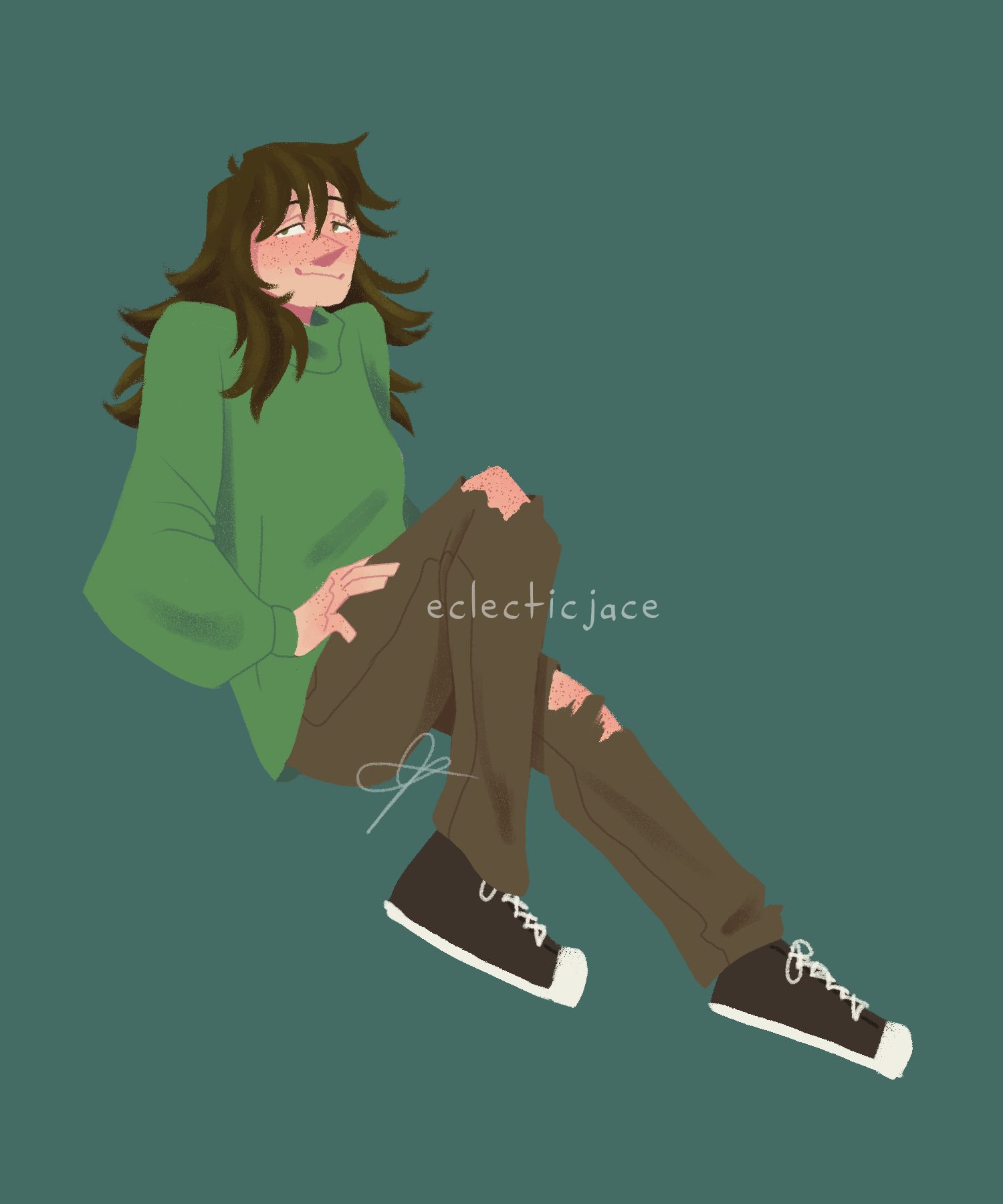 A digital illustration of Haystack, a pale teen girl with long shaggy hair, a green sweater, and brown pants with rips at the knees. She is floating in a reclining position and smiling at the "camera".