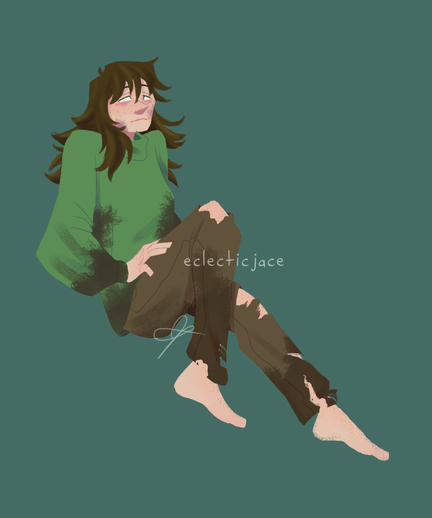 A digital illustration of Haystack, a pale teen girl with long shaggy hair, a green sweater covered in mud, and muddy brown pants with several large rips. Her eyes are whited out and she has a blank expression. She is floating in a reclining position.