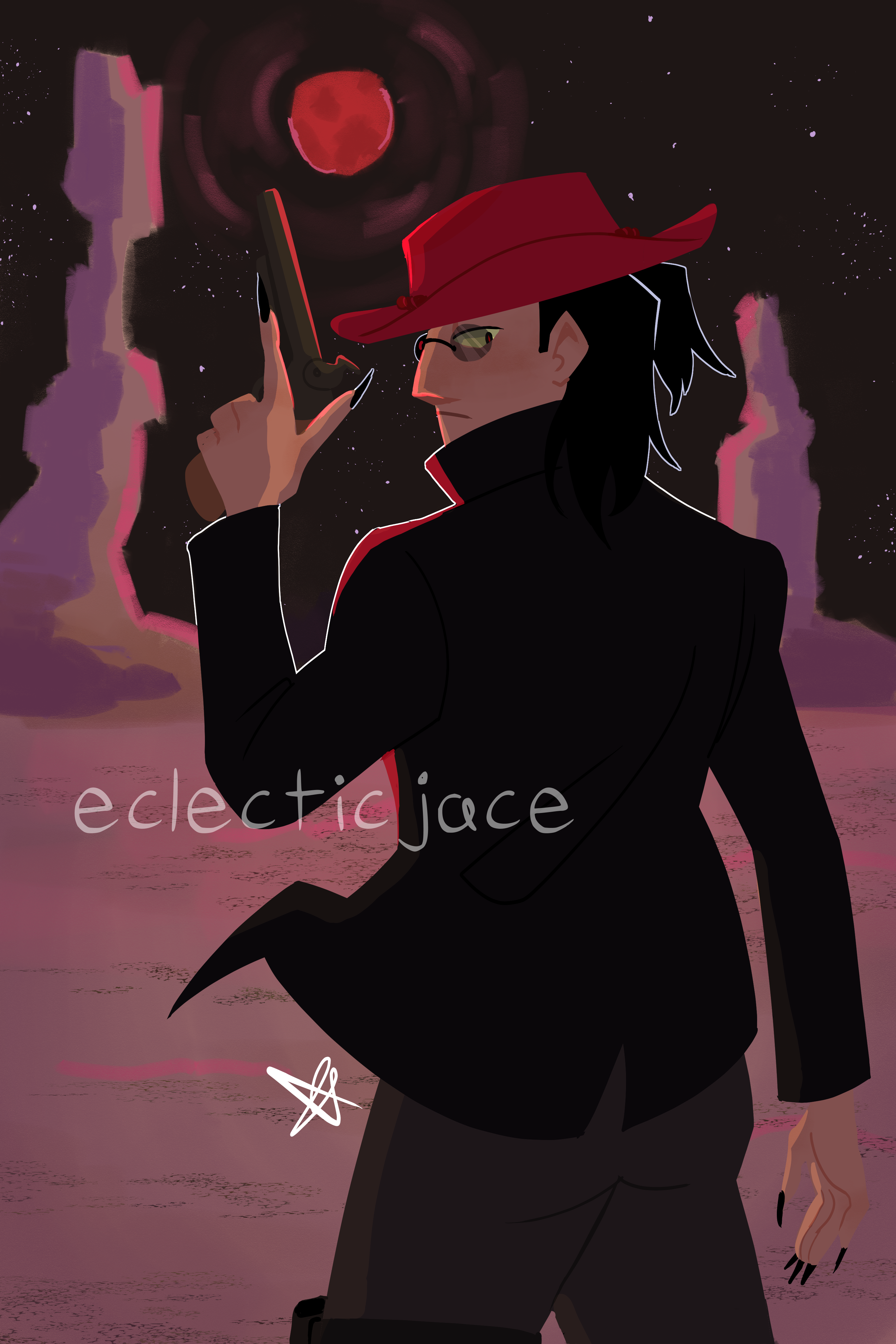 A lineless illustration of Casper, a tan woman with shoulder length black hair, standing in a desert at night. She has her back to the viewer, and is looking over her shoulder. She is wearing a high collared leather jacket, small round sunglasses, and a red cowboy hat. She is holding up a gun in her left hand. She is lit by the red moon in front of her.