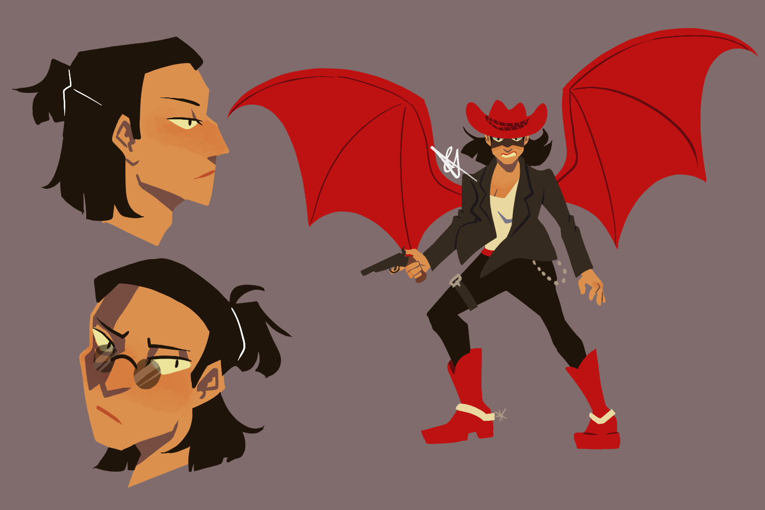 A lineless digital illustration of a cowboy. She has medium tan skin and has bobbed black hair in a half-up ponytail. She is wearing a black leather jacket and pants, with a red cowboy hat and red spurred boots. She is holding a gun, and has red bat wings. On the left, two headshots have been drawn without her hat, one profile and one in three-fourths view. In the three-fourths view she is wearing small round sunglasses.