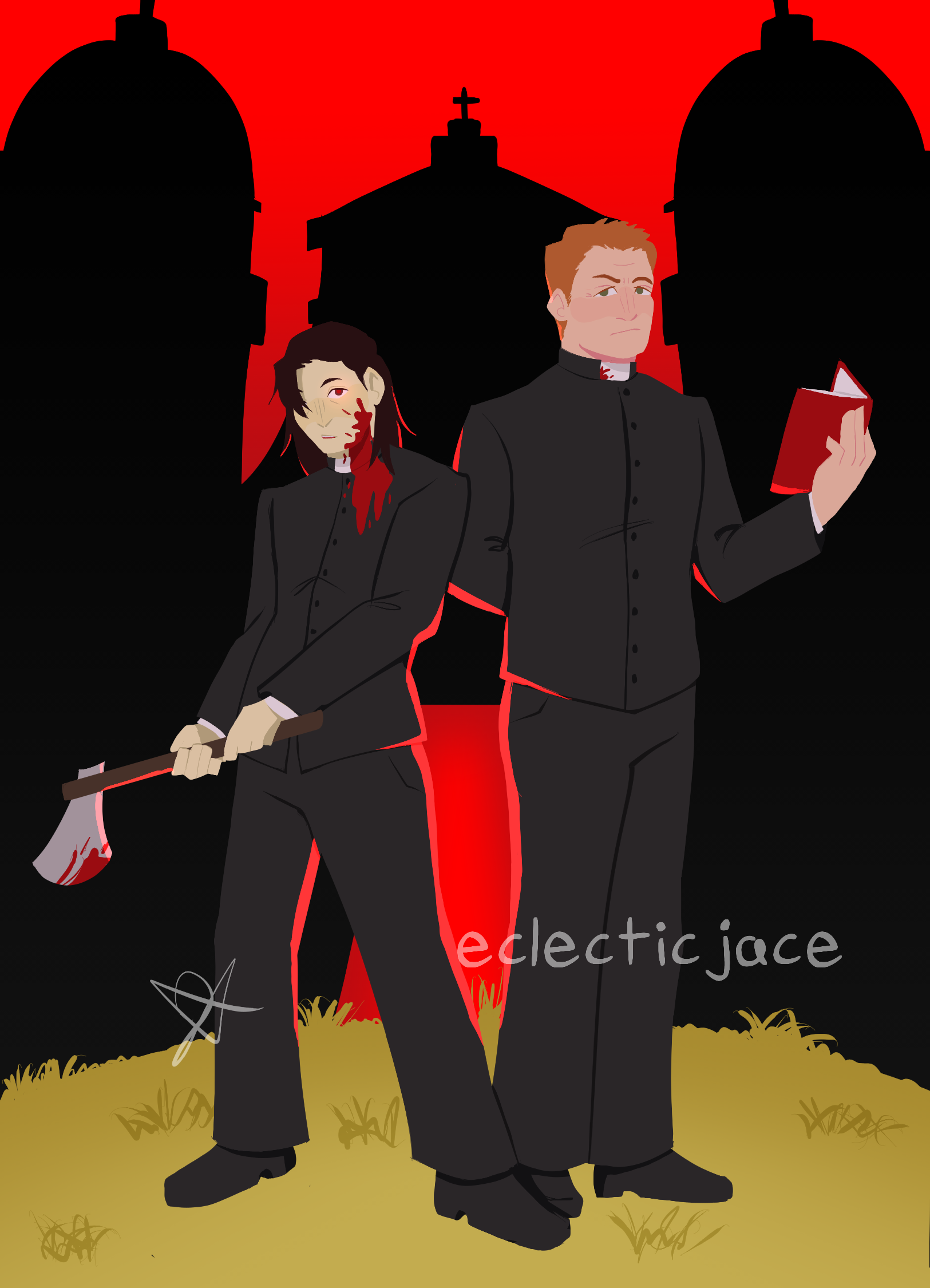 A digital drawing of two priests in front of a shadowed cathedral. The one on the left is covered in blood and holding an ax. The one on the right only has specks of blood and is holding a bible. They are backlit by red light from the open cathedral door.