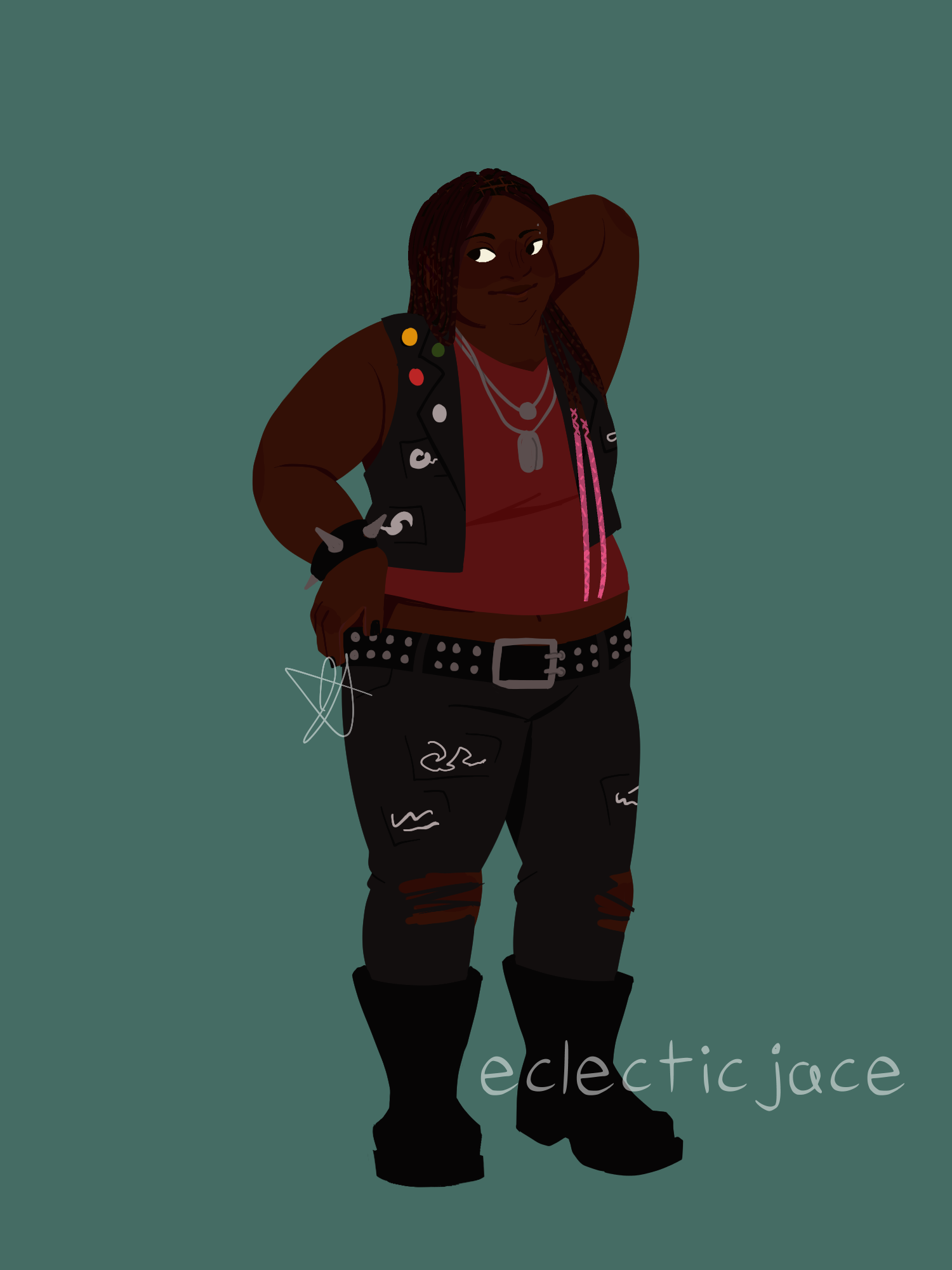 A fullbody drawing of Anette, a teen black girl wearing patch pants and a battle vest over a red tank top. She has dark brown hair in box braids that transition to pink halfway down.