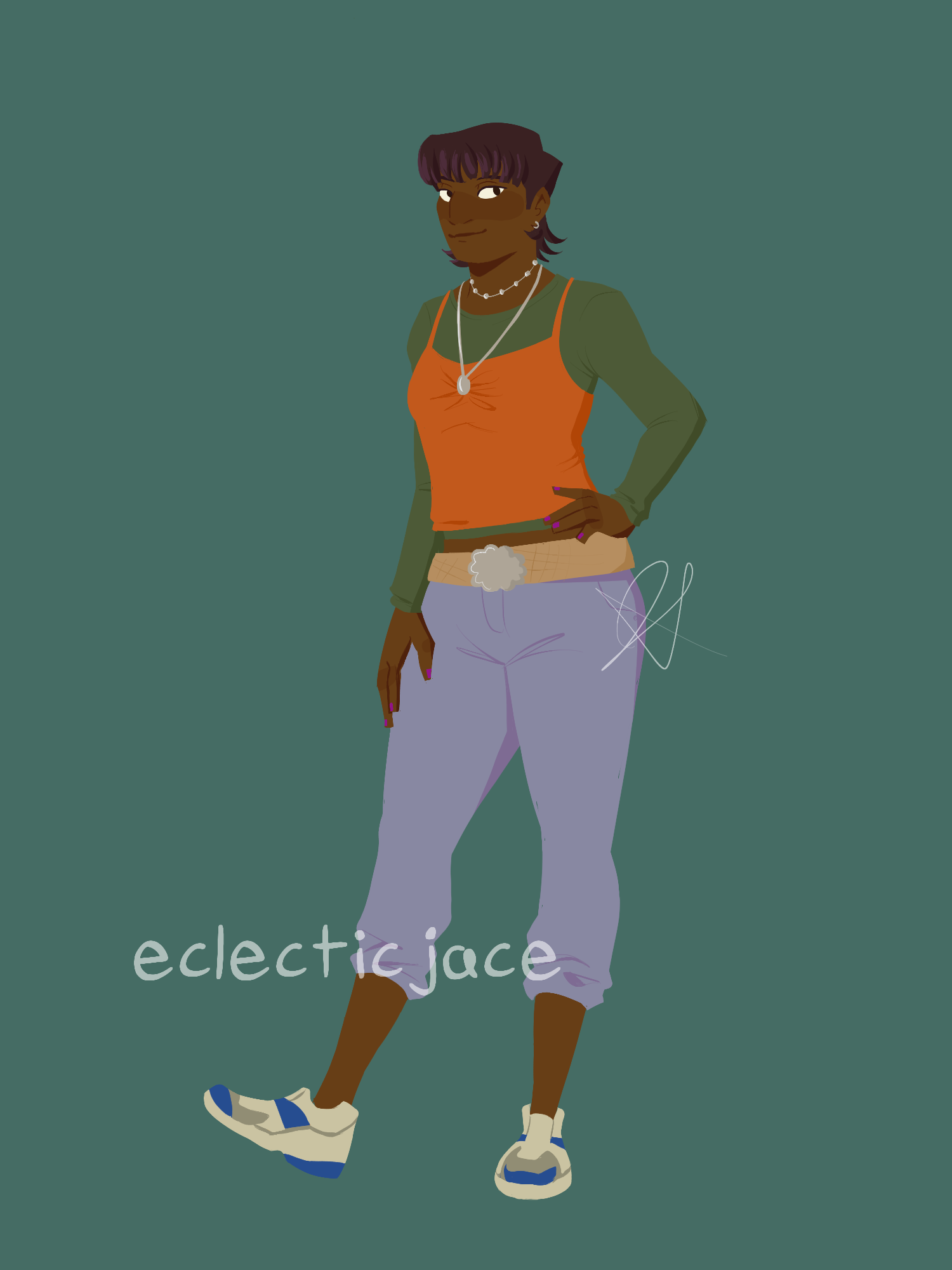 A fullbody drawing of Johanna, a teen desi girl with short dark hair, a layered top, and capris.