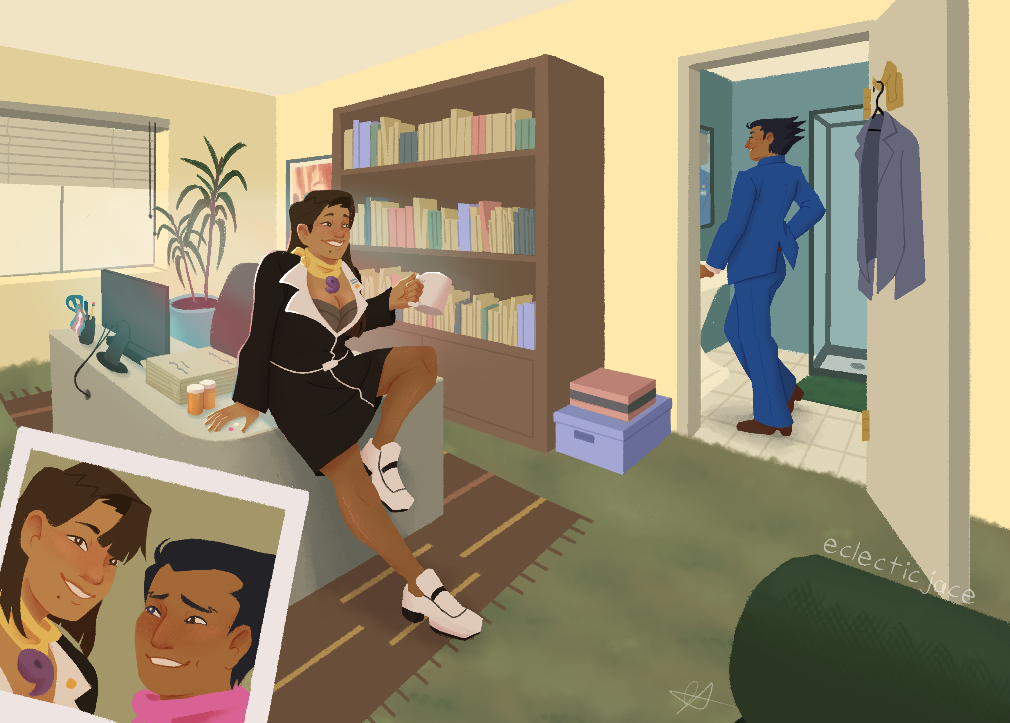 A digital paintinf of Mia Fey and Phoenix Wright in Fey and Co. Law Offices. Mia is sitting on her desk with a cup of coffee, and her hormone pills next to her. Phoenix is checking the fit of his suit in the bathroom mirror. Both of them have their attorney's badges and trans pins. A photo of them from a few years ago is in the corner, where Phoenix is wearing a pink sweater and Mia has shorter hair.