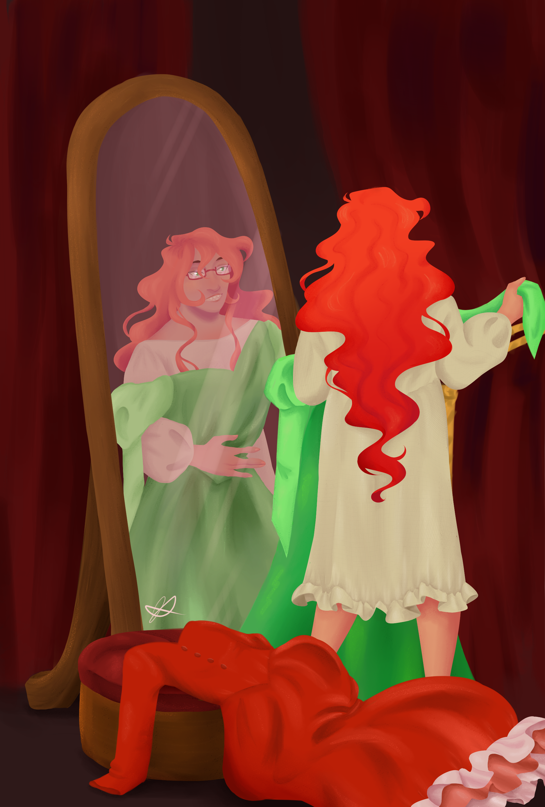 A digital painting of Grell from Kuroshitsuji. She is standing in front of a full length mirror with her back to the viewer. She is wearing a cream colored nightdress, and in her reflection it is visible that she is holding up an arsenic green gown to herself.