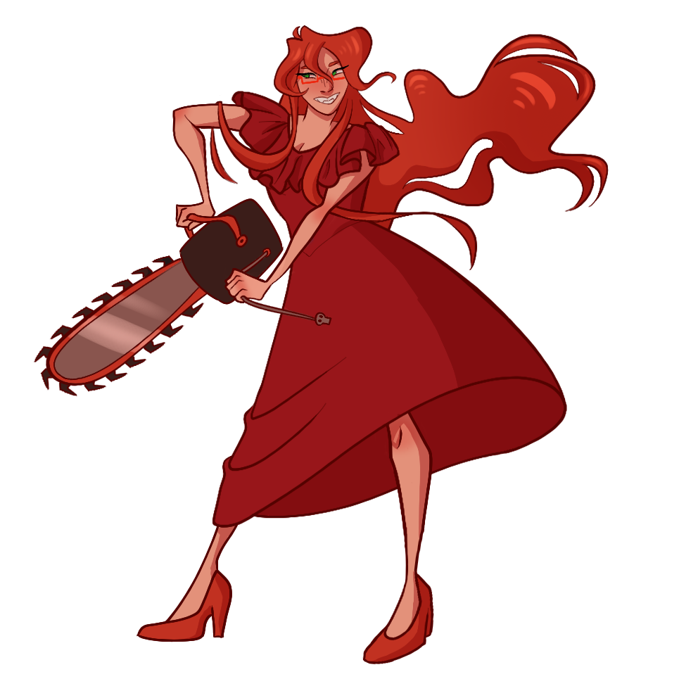 A sticker design of Grell in a red Victorian-era evening dress, holding a chainsaw.