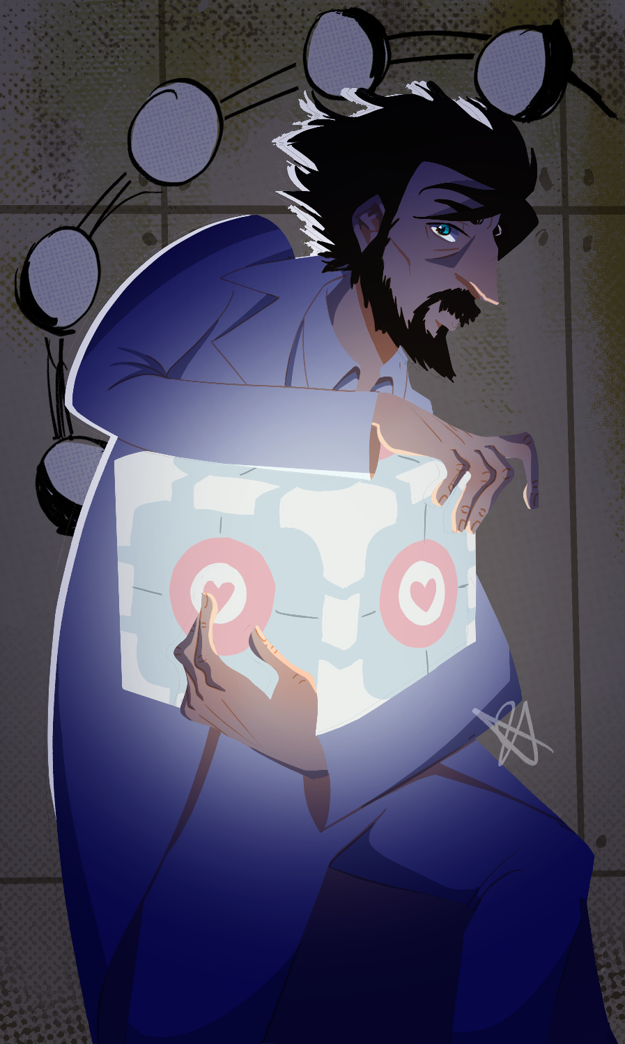 A lineless drawing of Doug Rattman, a pale man with wild black hair and a scraggly beard, dressed in a white lab coat. He is cradling a glowing Companion Cube. On the wall behind him is a mural of the stages of the moon.