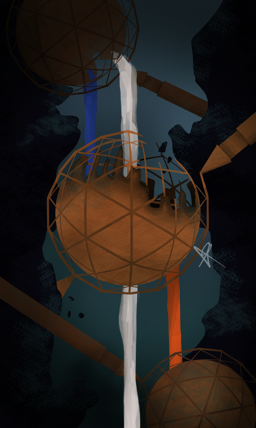 A tarot card depicting a large metal sphere in a state of decay suspended in a salt mineshaft. Orange, white. and blue gel flow through the sphere.